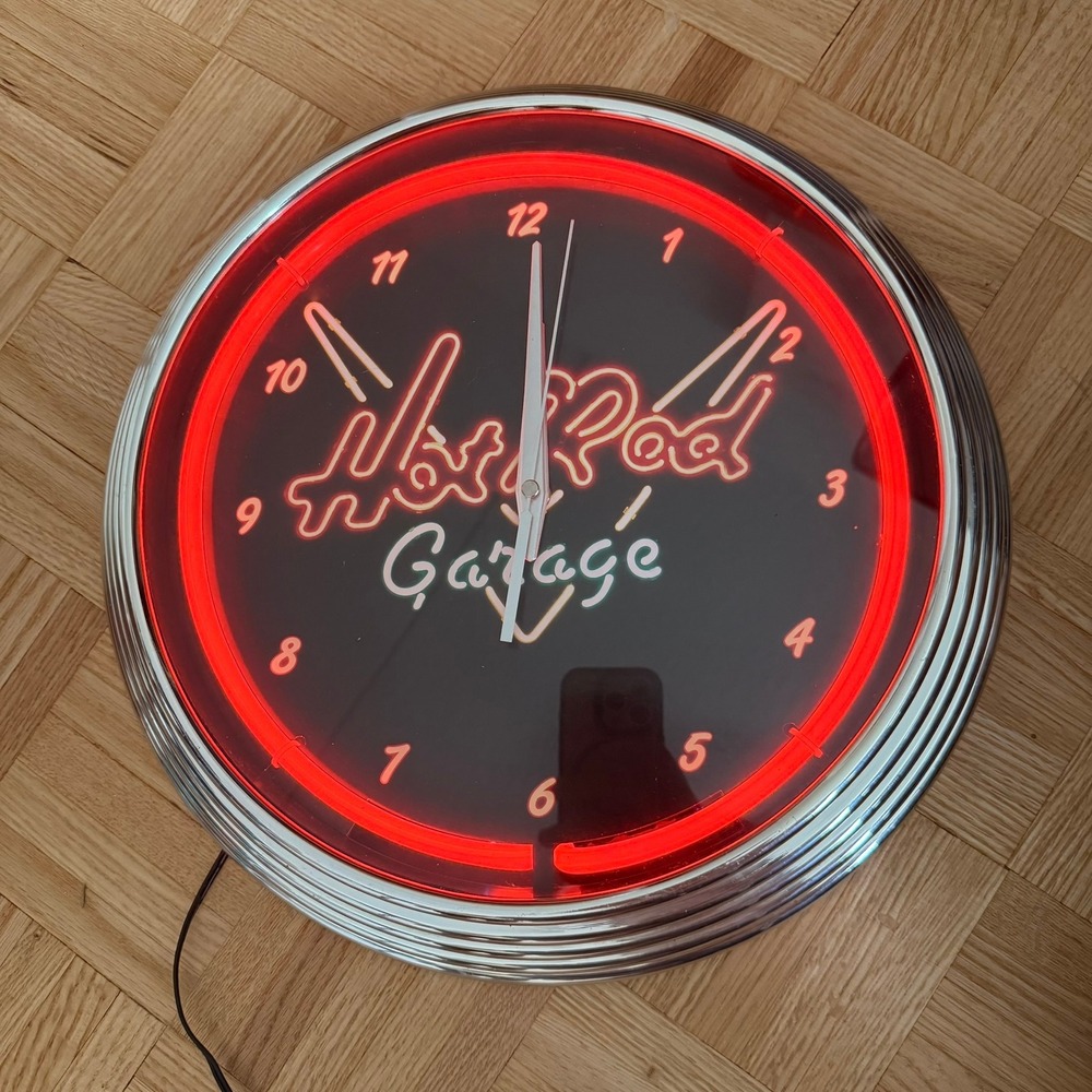 Hot Rod Garage Neon Wall Clock Red Light Retro Chrome 14.5 Inch KHU090030D-2